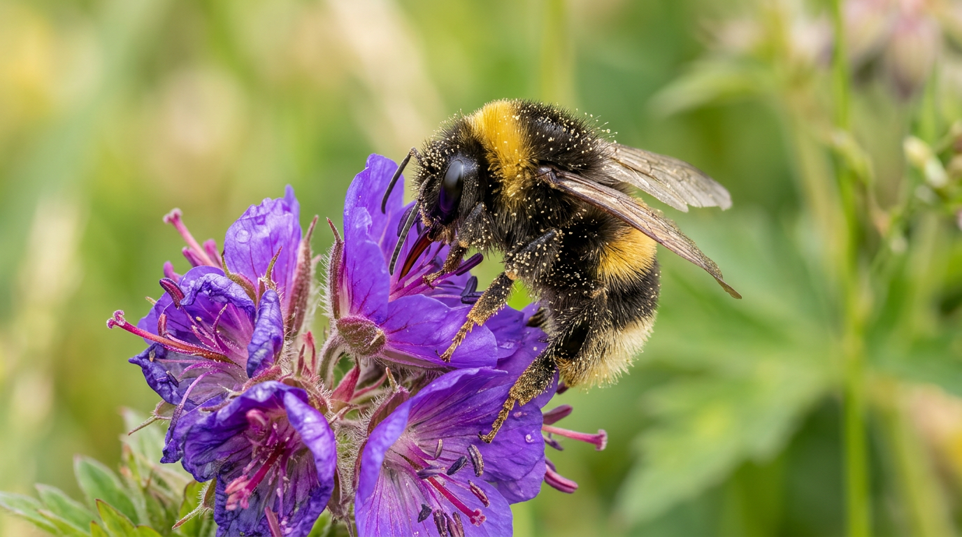A bumblebee gathering pollen on a vivid purple wildflower