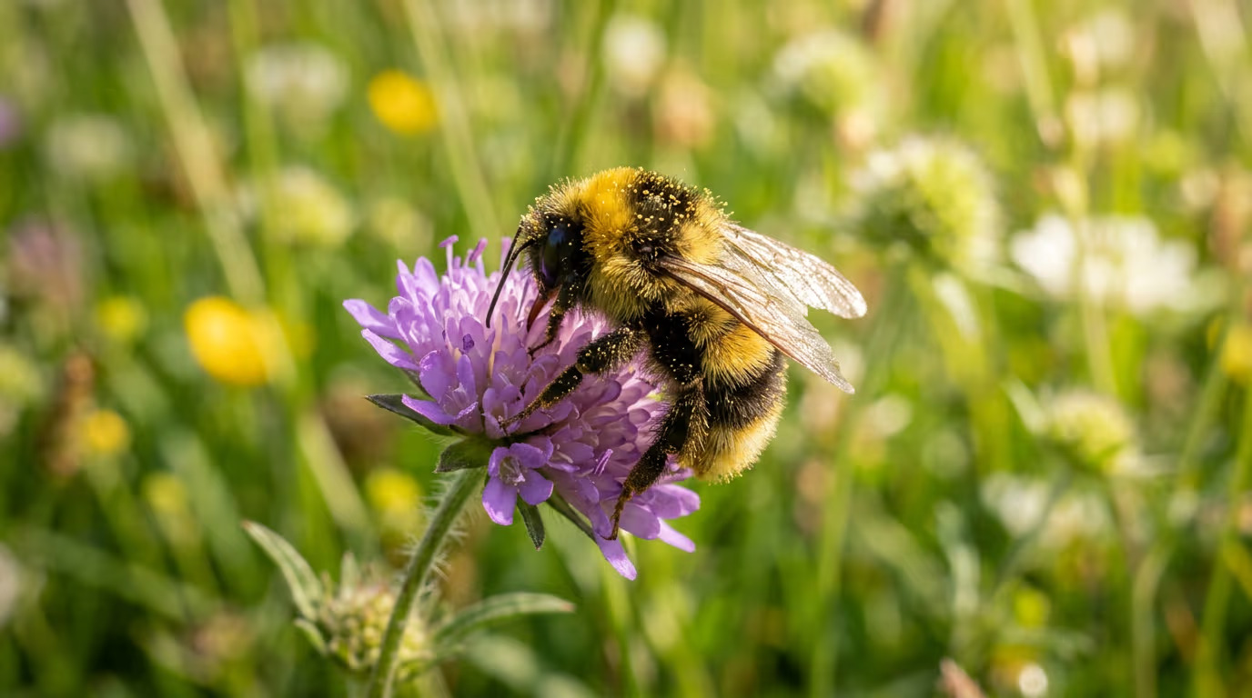 A bumblebee pollinating a bright wildflower