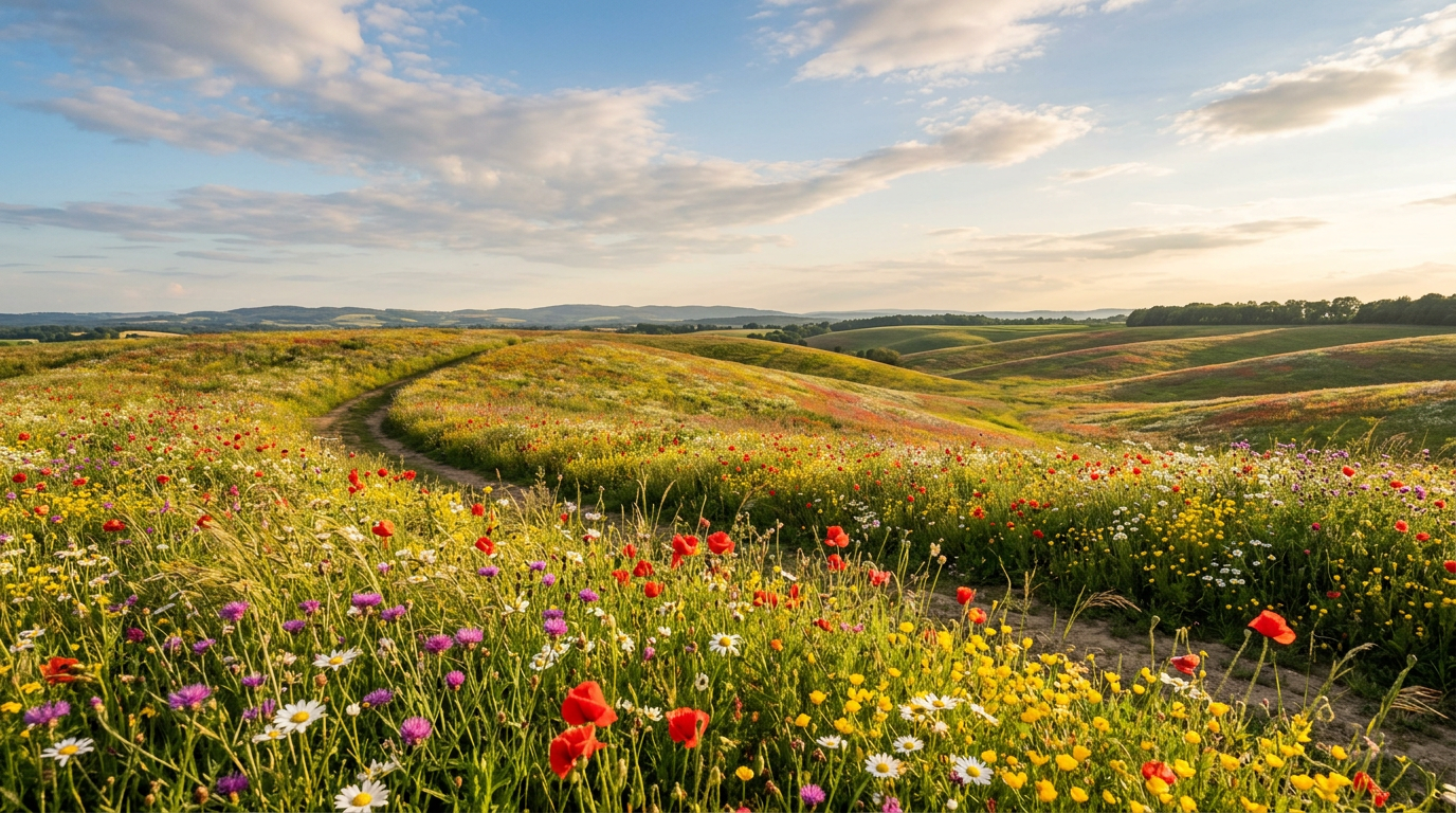 A lush wildflower meadow stretching across rolling hills in summer